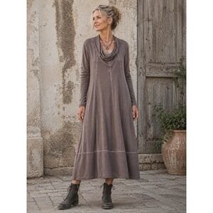 Lagenlook Mineral Wash Brown Cowl Neck Long Sleeve Midi Dress Avant Garde Medium